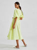 100% Cotton V-neck Waist Cinched Dress Unique Lantern Sleeve Sexy Slit Long Skirt Women's Casual Dresses