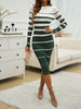 Office Ladies Knitted Dress Elegant Striped Print Slim Long-sleeved Dress Autumn Winter