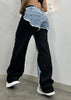 Women Straight Drawstring Waist Wide Leg Pants Jeans Denim Patchwork Sporty Holiday Jogger Sweatpants Trousers