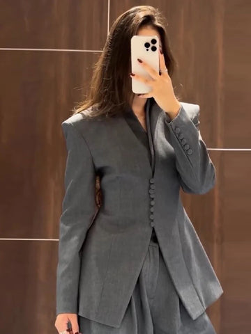 Elegant Grey V-neck Suit Jacket Women Chic Single Breasted Shoulder Padded Cinched Waist Blazer Coat Autumn Lady Office Wear