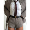 Women Checked Belt Jacket Shorts Set Retro Chic Full Sleeve Lapel Buttons Pockets Blazer Sets Lady Daily Commute Street Outfit