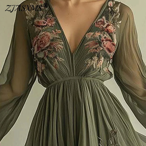 Women's Clothing Spring Long Sleeve High Waist Evening Dresses Sexy V Neck Floral Printed Boho Holiday Dress Vestidos