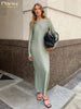 Casual Black Satin Women'S Dress O-Neck Long Sleeve Ankle Length Dresses Elegant Classic Solid Female Dress
