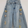 Chic Y2K Style Metal Decoration Washed Blue Women's Stacked Jeans Pants For Woman Clothing Wide Leg Vintage Denim Trouserso