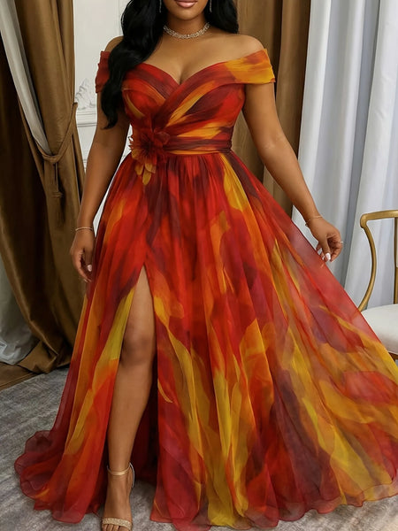 Women Plus Size Off Shoulder Formal Evening Dress Tie Dye Tulle 3D Flower Split A Line Maxi Wedding Guest Party Dress