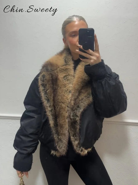 Women's Warm Faux Fur Spliced Cotton Coats Loose Lapel Long Sleeve Pockets Thicken Jacket Winter Lady Chic Outwear