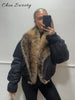 Women's Warm Faux Fur Spliced Cotton Coats Loose Lapel Long Sleeve Pockets Thicken Jacket Winter Lady Chic Outwear