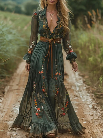 Vintage Print Dress For Women Casual Long Sleeve Turn-down Collar Button Pullover Loose Dresses Robe Femme Holiday Party