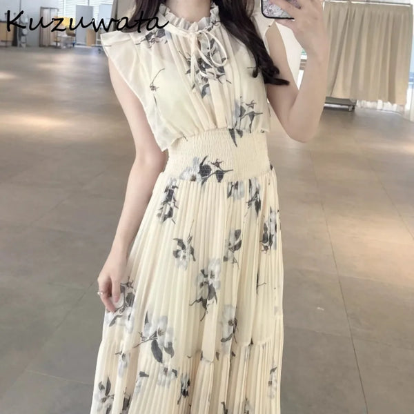 Kuzuwata Fresh Mid-length Print High Waist Robe Gentle Literary Lace Up Pleated Slim Mujer Japan Elegant Dress
