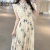 Kuzuwata Fresh Mid-length Print High Waist Robe Gentle Literary Lace Up Pleated Slim Mujer Japan Elegant Dress