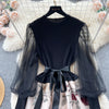 Senior Knitted Patchwork Dress Long Lantern Sleeves Bow Mesh Embroidery Floral Women Autumn France Elegant Party Dress