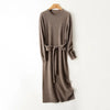 Women Wool Dress Sweater 100% Merino Wool Knitted Self-belt Long Skirt Autumn Winter Round Neck Pullover Cashmere Straight Skirt