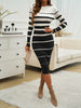 Office Ladies Knitted Dress Elegant Striped Print Slim Long-sleeved Dress Autumn Winter