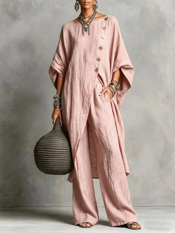 Women's Two Piece Set Batwing Sleeve Irregular Hem Top And Wide Leg Pants Spring Casual Vacation Outfit Autumn Simple Loose Suit