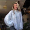Women Fuzzy Sequin Knit Zip Up Cardigan Stand Collar Long Sleeve Oversized Loose Sweater Jacket Streetwear Outerwear