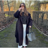 Retro Solid Stand Collar Long Tweed Coat Women Large Lapel Single Breasted Coats With Belt Lady Chic Street Outwear