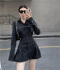 Houzhou Black Shirt Dress Women Elegant Vintage Long Sleeve Dresses Sexy Gothic Pleated Streetwear Turn-down Collar Casual Robe