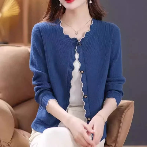 Autumn Winter Solid Color Women Knitted Cardigan Sweater Jacket Elegant Versatile Comfortable Ladies Tops