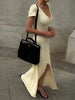 Ribbed Knit Maxi Dress For Women Deep V-Neck Slim High Slit Elegant Patchwork Commute Party Dress Women Knitwear Dress
