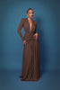 Women Glitter Maxi Evening Dress Deep V Neck Long Sleeve Ruched High Slit Formal Party Dress For Wedding Guest Prom