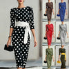 Elegant Women Office Party Midi Dress Polka Dot 3/4 Sleeve Pencil Dresses Spring Round Neck With Belt Slim Dress Robe