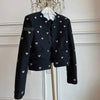 Autumn Winter Heart Buckle Black Wool Tweed Short Jacket Coat Women Vintage Long Sleeve V Neck Wave Cardigan Outwear Top