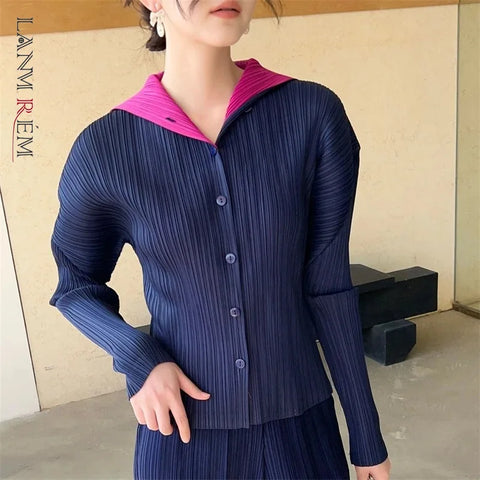 Spring Colorblock Lapel Women's Pleated Short Coat Casual Versatile Single Breasted Jackets 2DB6388