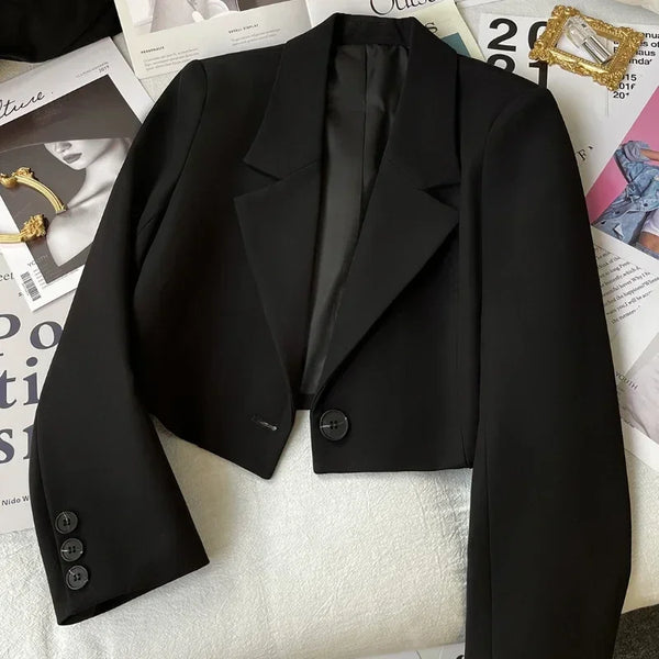 Black Cropped Blazers Woman All-match Notched Collar Crop Jacket Women Korean Chic Single Button Suit Coat