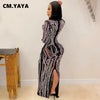 Women Long Sleeve V-neck Rhinestones Slit Back Crystal Bodycon Maxi Dress Sexy Club Party Pencil Evening Long Dress