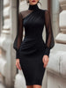 Women Mock Neck Mesh Long Sleeve Midi Dress Asymmetric Ruched Waist Slim Bodycon Elegant Wedding