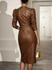 European American Women Deep V Puff Shoulder Faux Leather Midi Dress Long Sleeve Cinched Waist Bodycon Dress