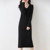 Women Pure Wool Sweater Dresses Long Sleeve Purllover 100% Merino Wool V-neck Knitwear Spring Autumn Grace Striped Dresses
