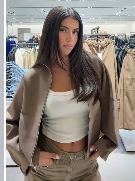 Women Solid Cropped Zip‑Up Knit Jacket Stand Collar Zipper Long Sleeve Loose Short Sweater Autumn Casual Commute Outerwear