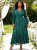 Womens Plus Size Pleated Elegant Maxi Long Sleeve Dress with Sequin Belt and Patchwork Hem for Wedding Guest