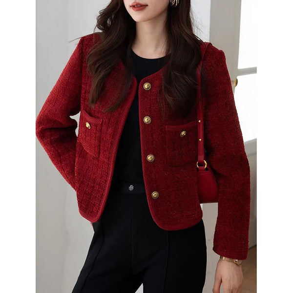 Wine Red Tweed Coats Female Autumn Winter Temperament Short Jacket Korean All-Match O-Neck Outerwear