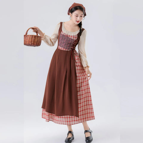 Ladies' Temperement Pastoral Style Fresh Patchwork Long Sleeve A-line Skirt Plaid And Flower Splicing High Waist U-neck Dress