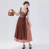 Ladies' Temperement Pastoral Style Fresh Patchwork Long Sleeve A-line Skirt Plaid And Flower Splicing High Waist U-neck Dress