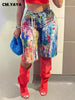 Denim Pants Women Retro Sexy Graffiti print Jeans Ripped Out Straight Trousers Street Embroidery Lady Pant