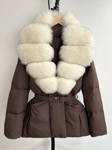 Lagabogy Large Real Fox Fur Winter Belt Waist-Tight Elegant Warm 90% White Duck Down Jacket Female V-neck Loose Puffer Coat