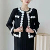 Black White Colorblock Design Women's Pleated Two Pieces Set O-neck Beaded Petal Hem Short Coat +Elastic Dress 2DB6662