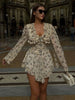 White Print Women's Dress Elegant V-Neck Ruffled Long Sleeve Dresses Autumn High Waisted Pleated Mini Dresses