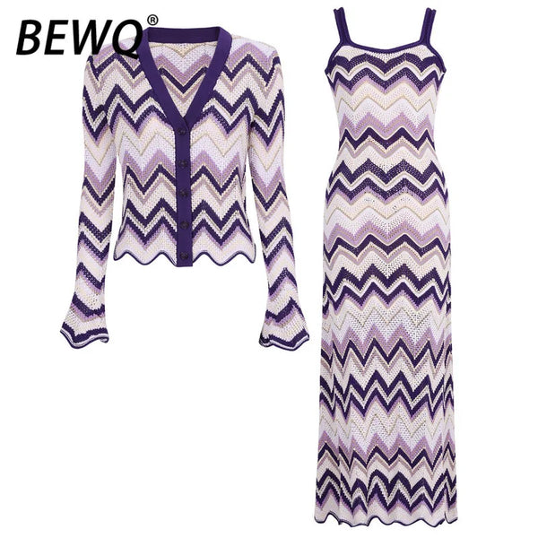 Bewq Women's O-neck Long Sleeve Short Tops Slip Stripe Waist Knitted Dress Loose Pants Evening Party Autumn