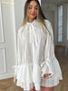 Loose White Women's Dress Casual Stand Collar Long Sleeve Mini Dresses Elegant Lace-Up Pleated Female Dress