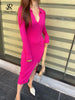 Women Korean Knitted Dress Long Sleeve V Neck Elastic Slim Pencil Dresses Autumn Sexy Bodycon Split Sweater Dress