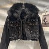Real Fur Denim Jacket Women Autumn Fried Street Style Natural Fox Fur Collar + Rabbit Fur Liner Warm Rivet Short Jean Coat