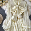 Retro Elegant V-neck ruffle lace-up pleated long sleeve A-line Casual High Waist Dress Women Autumn Dress