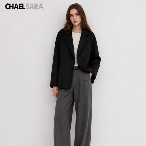 Women's Autumn Winter Black Slim Wool Coat Casual Solid Long Sleeve Pocket Elegance Blazer Overcoat Ladies