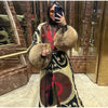 Vintage Ethnic Geometric Print Coat Women Belted Waist Faux Fur Cuff Patchwork Open Front Maxi Robe Autumn Winter Chic Cardigan