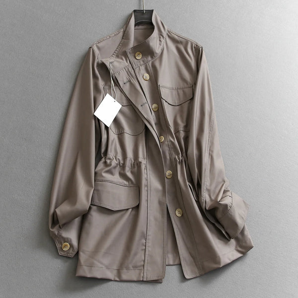 Solid-color Stand Neck Pocket Loose Mid-length Drawstring Waist Casual Trench Coats Women Long Sleeves Coats
