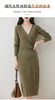 Women V-neck 100% Merino Wool Dress Sweater Autumn Winter Crossing Lace-up Long Sleeve Pullover Knit Skirt Office Lady Knitwear